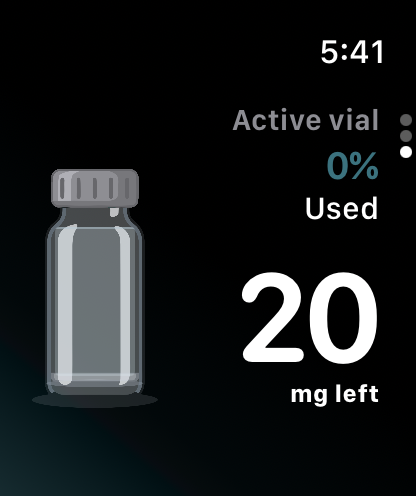 ShotNest Apple Watch page 3: active vial with medication remaining and percentage used