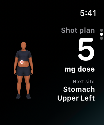 ShotNest Apple Watch page 2: recorded shot plan with dose and next injection site